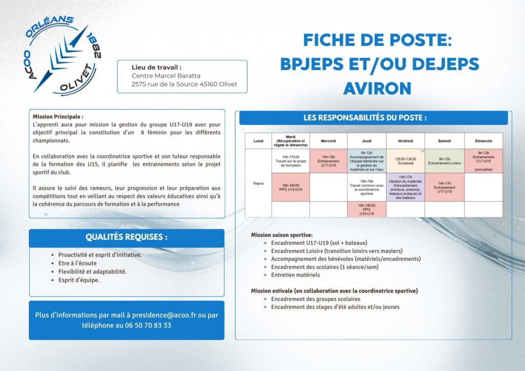 Offre d’emploi BPJEPS et/ou DEJEPS – Aviron Club Orléans Olivet