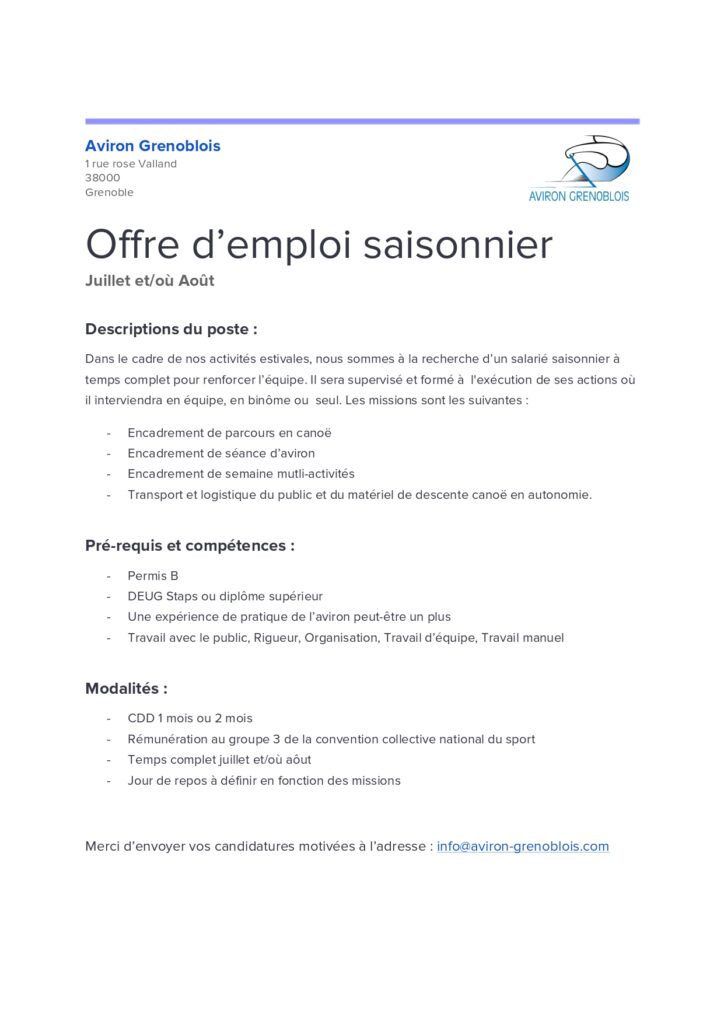 Emploi Saisonnier à l’Aviron Grenoblois