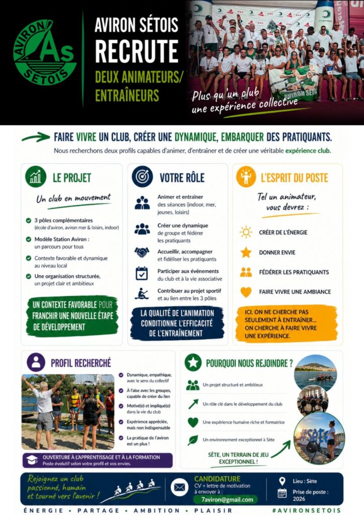 L’aviron Sétois recrute 2 animateurs / entraineurs